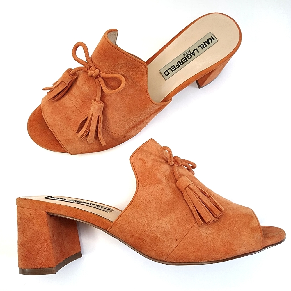 KARL LAGERFELD PARIS Orange Suede Holly Slip On Sandal Mule Heel 7.5